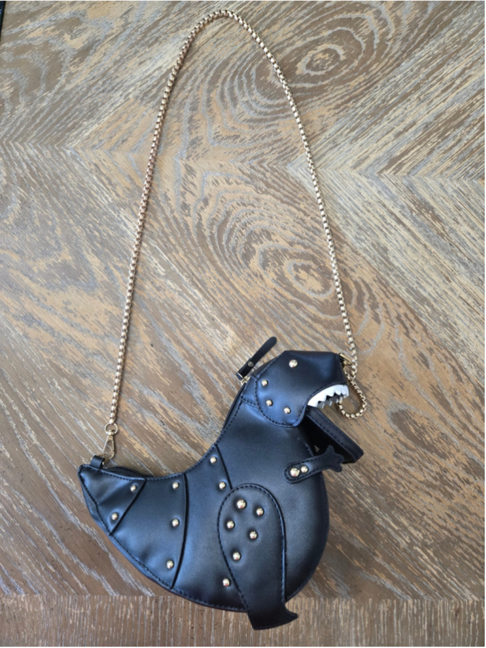 Black T-Rex Dinosaur Crossbody Purse Gold Studs Chain Strap Novelty Bag